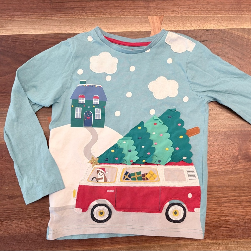 Mini Boden Light Blue Tee with Sprout driving Christmas tree